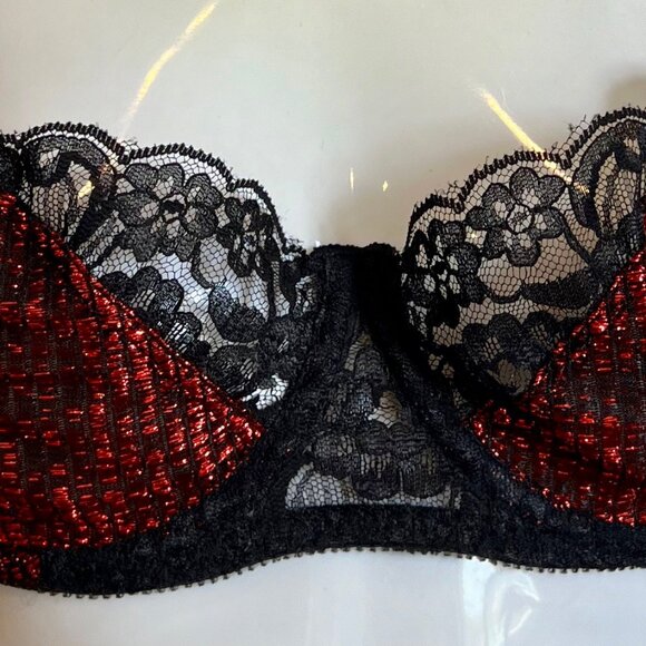 NWT Lily of France Vintage Demi Lace Bra in Hot Red Metallic & Black Lace 36C - Picture 9 of 14